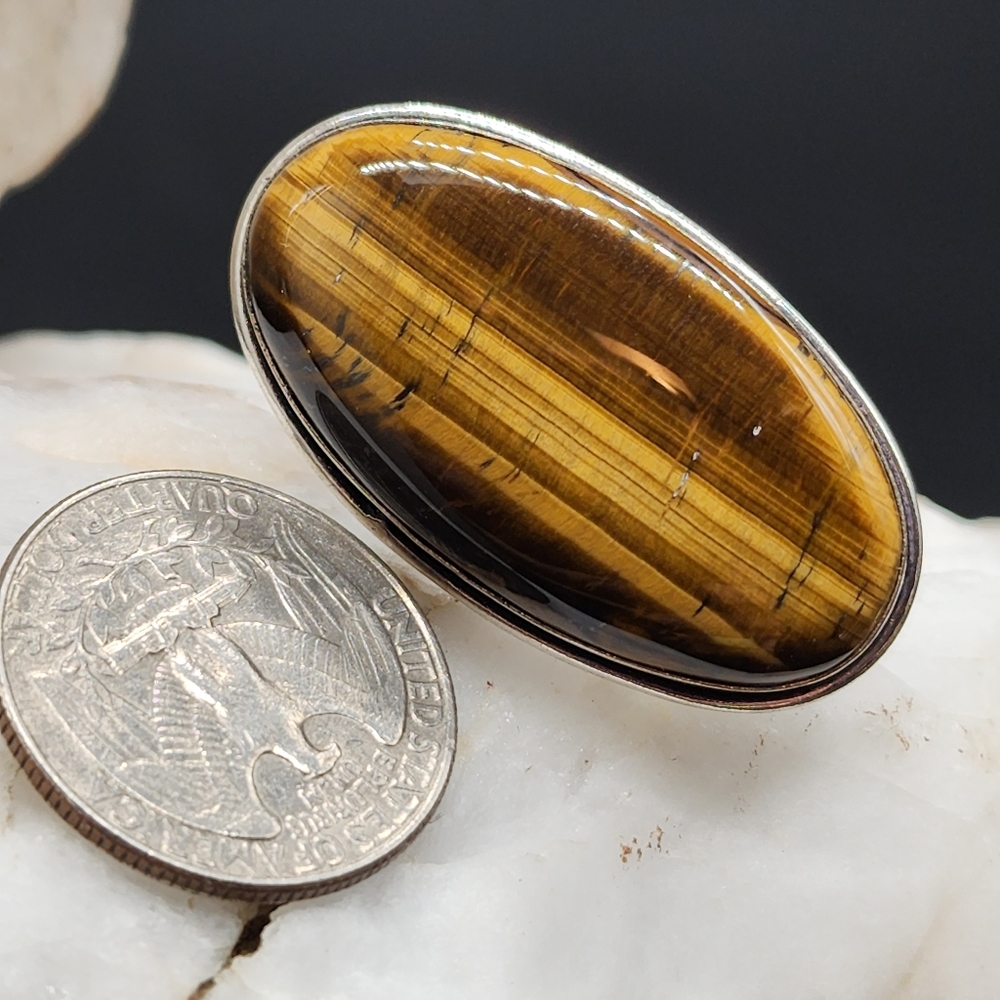 Natural Large Tiger Eye Cabochon Stone White Rhodium/Silver Artisan Ring